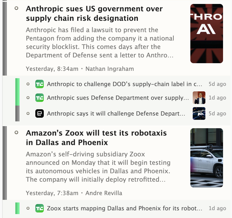 Story clustering grouping duplicate stories from multiple feeds
